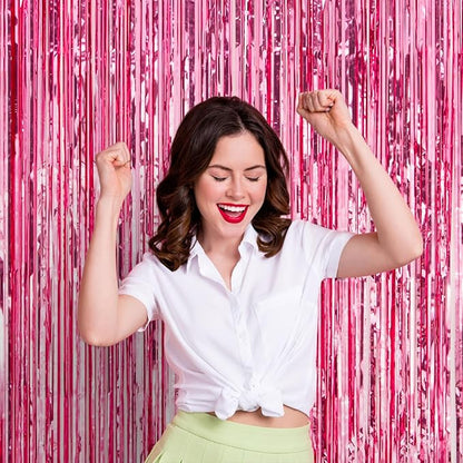 2 Pack Pink Tinsel Foil Fringe Curtains, Pink Party Decorations, Metallic Tinsel Party Streamers Backdrop for Birthday Baby Shower Graduation Wedding Bachelorette Party Decorations