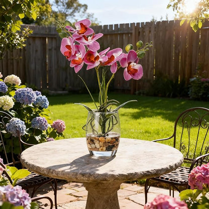 Jusdreen Artificial Purple Orchid in Glass Vase, Realistic Phalaenopsis Arrangement with Potting for Home Office Table Decor, 14.5 Inch Flower Centerpiece