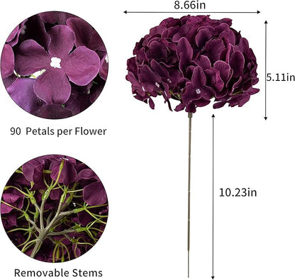 DuHouse Silk Hydrangea Artificial Flower Heads with Stems Fake Hydrangeas Flowers for DIY Wedding Centerpiece Home Decor,Pack of 6(Plum)