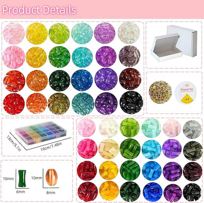 REVKI 1200pcs Glass Beads Bracelet Making Kit, 48 Colors Crystal Beads for Jewelry Making,Strange Shaped Glass Beads for Bracelets and DIY Crafts(Oval and Bamboo)