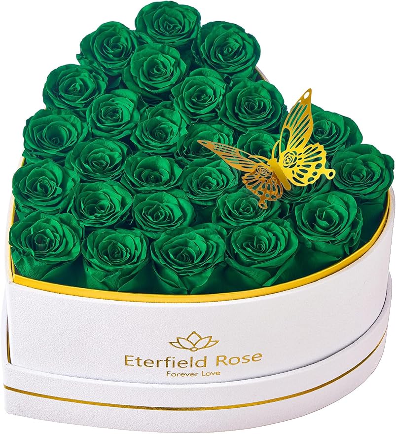 Eterfield 27 Forever Flowers in Heart Shape Box, Preserved Roses That Last a Year Preserved Flowers Birthday Gifts for Her Mom Women Wife Anniversary Valentines Day Mothers Day Christmas, Green