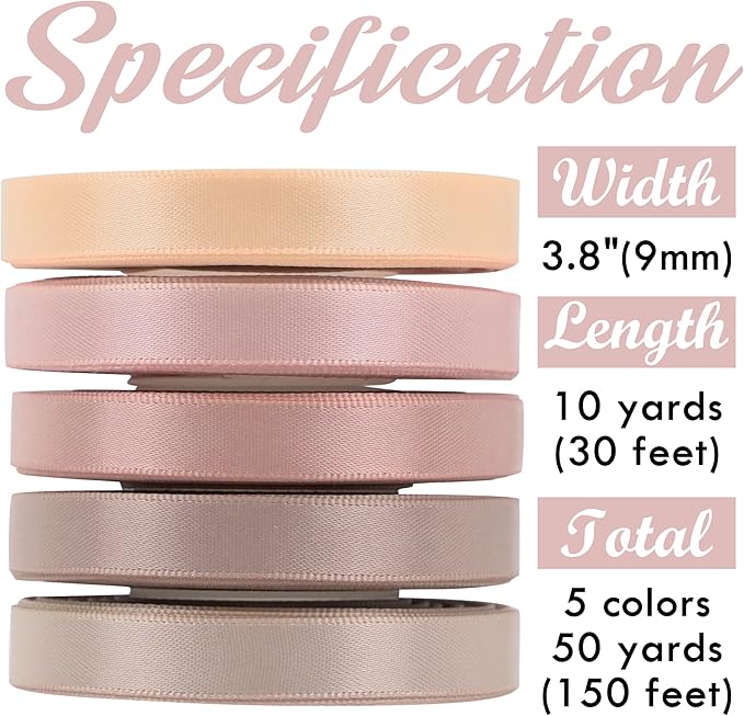 HUIHUANG Rose Pink Ribbon 3/8 inch Assorted Satin Hair Ribbons Dusty Rose Wedding Ribbon for Gift Wrapping Wedding Bridal Baby Shower Decor Floral Bouquet DIY Crafts- 50 Yards Totally