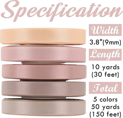 HUIHUANG Rose Pink Ribbon 3/8 inch Assorted Satin Hair Ribbons Dusty Rose Wedding Ribbon for Gift Wrapping Wedding Bridal Baby Shower Decor Floral Bouquet DIY Crafts- 50 Yards Totally