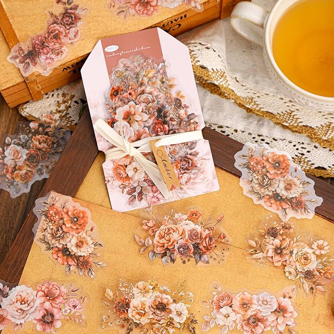 TIAMECH Amber Flower Shadow PET Stickers - 120 Pcs Branch Garland Flicker Design, Waterproof Sticker for Journaling & Scrapbooking, Junk Journal Supplies, Ephemera & DIY Crafts