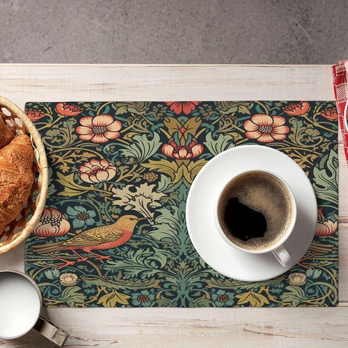 William Morris Placemats, Vintage Rustic Abstract Green Plants Flowers Nature Birds Print Washable Fabric Placemats Table Kitchen Dining Party 12x18 Inch Set of 4