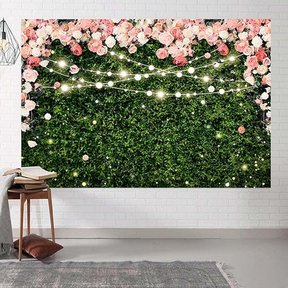 15x10ft Flower Wall Backdrop Pink Rose Floral Blossom Green Leaves Photography Background Women Girls Birthday Party Wedding Banner Decorations Portraits Supplies Photo Booth Props