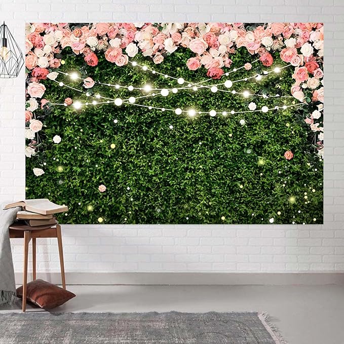 9x6ft Flower Wall Backdrop Pink Rose Floral Blossom Green Leaves Photography Background Women Girls Birthday Party Wedding Banner Decorations Portraits Supplies Photo Booth Props