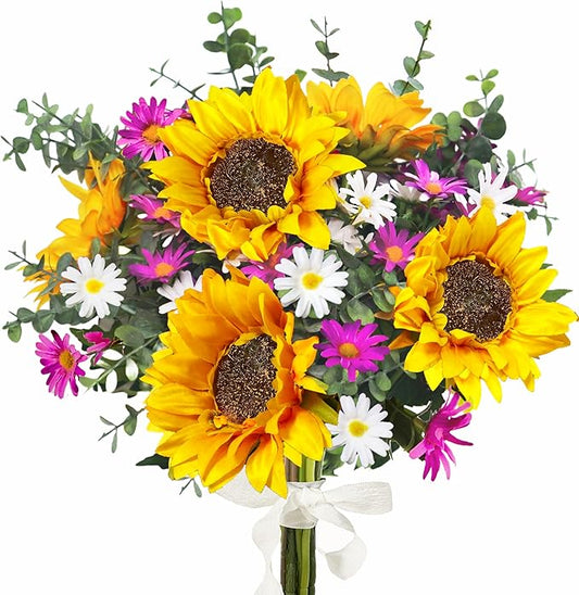 Sunflowers Artificial Flowers Bouquet, Fall Flowers Artificial for Decoration, Silk Flower Arrangements, Fake Sunflowers for Wedding Floral Arrangement Farmhouse Decor Cemetery Flowers -Yellow