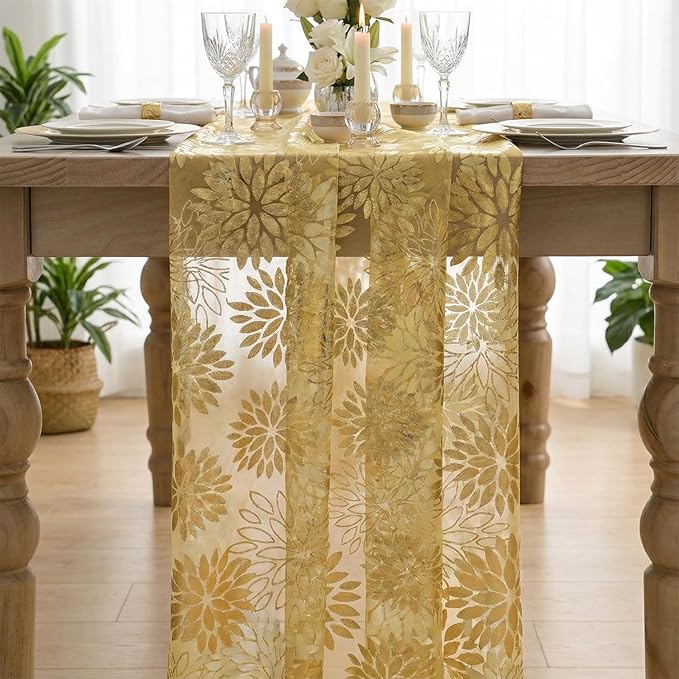 Artoid Mode Yellow Gold Dahlia Flower Gauze Table Runner 120 Inch 10FT, Glitter Metallic Foil Sheer Cheesecloth Dining Holiday Table Decor for Home Party