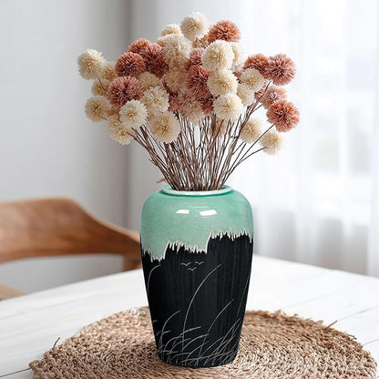 Black and Green Vase, 8 Inch Green Ceramic Vase with Textured Crackle Glaze, Modern Farmhouse Vases for Home Decor, Rustic Centerpiece for Living Room, Bathroom