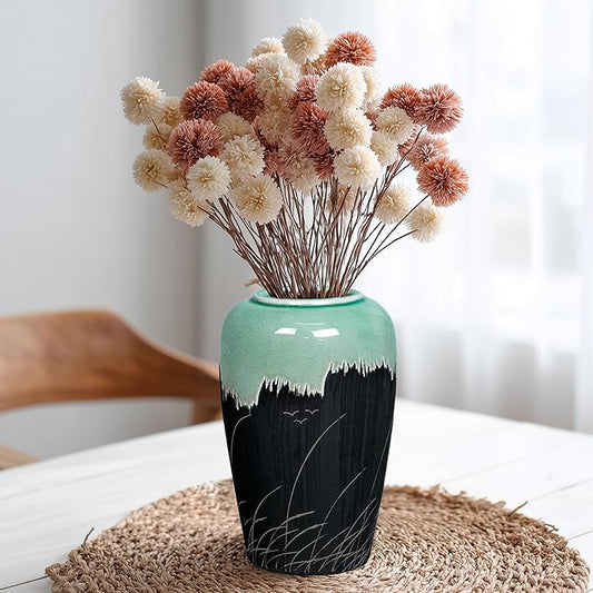 Black and Green Vase, 8 Inch Green Ceramic Vase with Textured Crackle Glaze, Modern Farmhouse Vases for Home Decor, Rustic Centerpiece for Living Room, Bathroom
