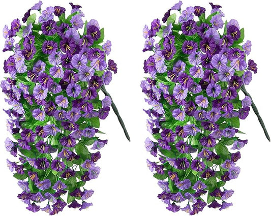 Artificial Fake Hanging Flowers Plants for Outdoor Decoration, 2PCS Faux Silk Morning Glory Long Vines Stems UV Resistant Look Real for Spring Summer Outside Home Porch Patio, Purple