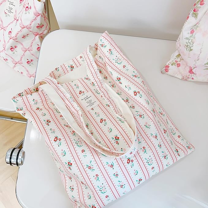 Cotton Canvas Tote Bag Reusable Soft Grocery Cloth Bag Floral Shoulder Bag for Beach Travel Shopping