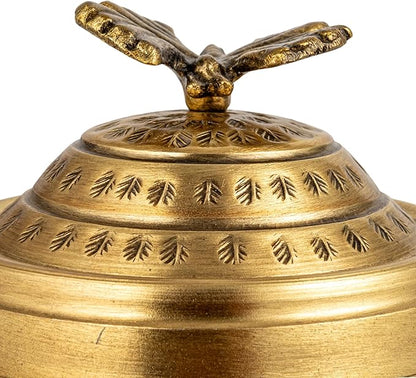Round Hammered Metal Container with Butterfly Finial, Brass Finish