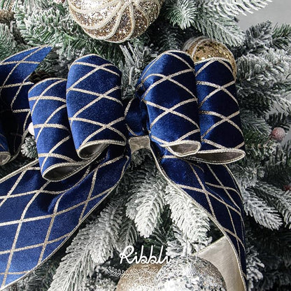 Ribbli Navy Blue Velvet Ribbon Wired with Glitter Diamond Grid 4 Inch Christmas Ribbon for Christmas Tree Decoration Big Bow Gift Wrapping Crafts Wreaths Garland Supplies - 10 Yards