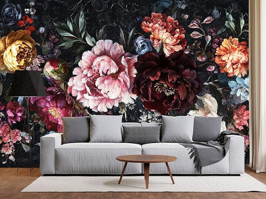 Dark Floral Wallpaper Mural Large Peony Flowers Wall Murals for Bedroom（Not Peel and Stick）