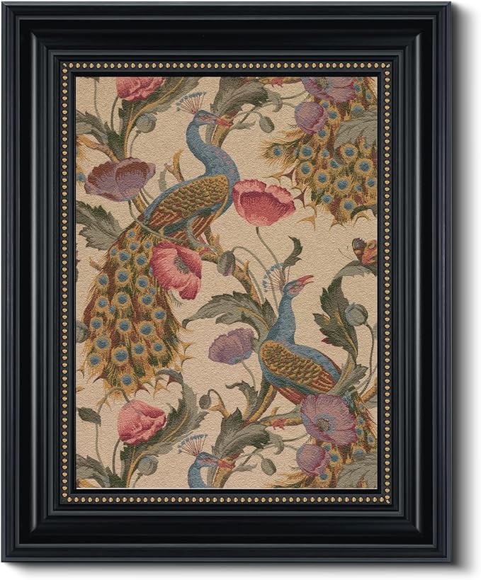 WHASAYART Vintage 3D Textured Framed Wall Art, Peacock Vine with Poppies Floral Print, Large Bird Sandstone Panel Print 16x20 inch Artwork, Rustic Retro Bedroom Living Room Home Office Decor