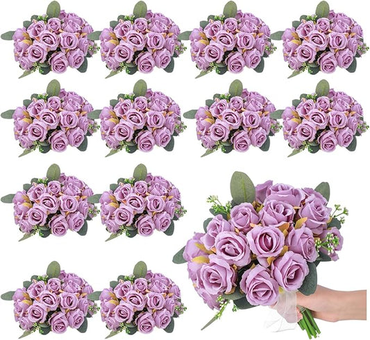 Zeyune 12 Pack Wedding Bridesmaids Bouquets 7 Inch Artificial Rose Bouquets Silk Flowers with Stems Fake Floral Bundles Bulk for Wedding Bridal Shower Party Centerpieces Home Decor(Purple)