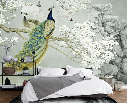 Magnolia Flower Peacock Chinoiserie Wallpaper for Bedroom 103" x 69"