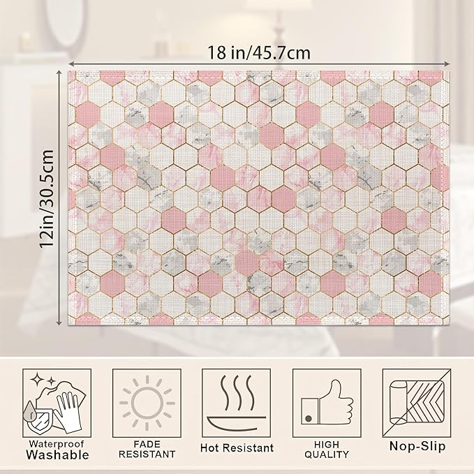 Placemats,Pink Grey White Hexagonal Marble Placemats 12x18 Inch Waterproof Non-Slip Washable Table Mats for Kitchen Dining Party Table Decor,Set of 6