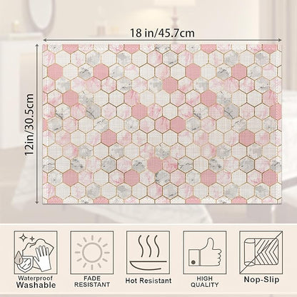 Placemats,Pink Grey White Hexagonal Marble Placemats 12x18 Inch Waterproof Non-Slip Washable Table Mats for Kitchen Dining Party Table Decor,Set of 6