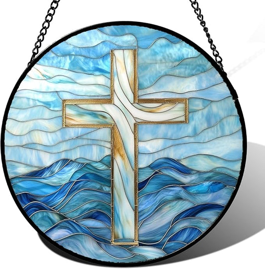 Christian Gifts for Women - Blue Cross Stained Glass Window Hanging Jesus Easter Ocean Waves Sun Catcher Garden Religion Decor Mother's Day Catholic Gift for Men Grandma Mom Her Nana 7.8"