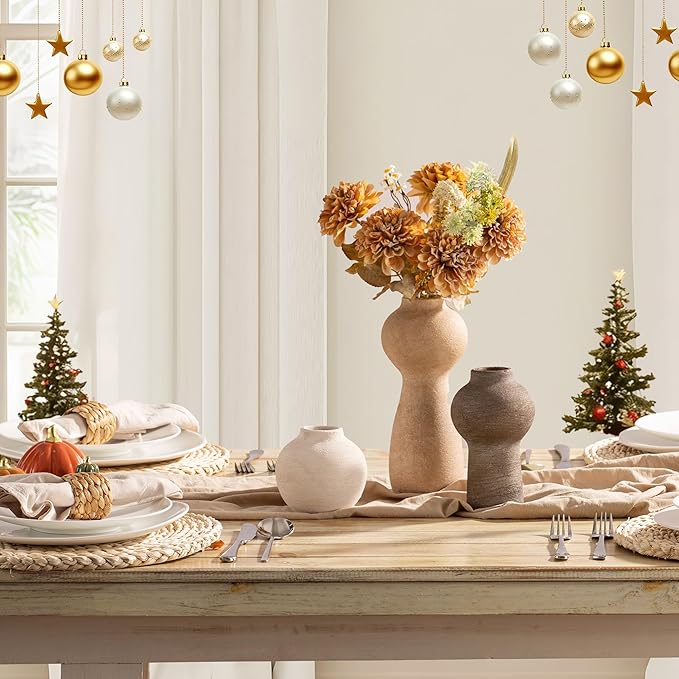 Ceramic Vase Home Table Decor - Flower Vase Set of 3 Living Room Kitchen Decorations Farmhouse Modern Rustic Vases Decorative Centerpiece for Shelf Bedroom Office Bathroom Dining Coffee Desk