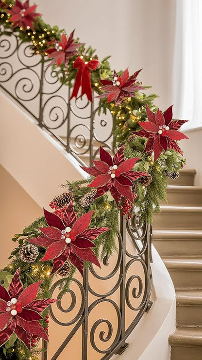 DILATATA 3 Pcs Artificial Christmas Flowers 13 Inch Glitter Poinsettia Picks Christmas Tree Ornaments Topper Decorations Red Poinsettias Flowers for Xmas New Year Wreath Garland Wedding Home Decor