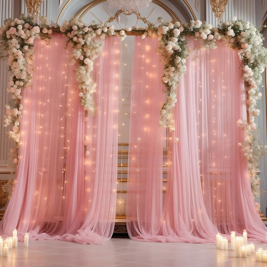 20ft x 10ft Dusty Rose Backdrop Curtain with Lights String for Parties, Sheer Tulle Wedding Photo Backdrops Drapes for Baby Shower Birthday Party Decorations Background for Photography