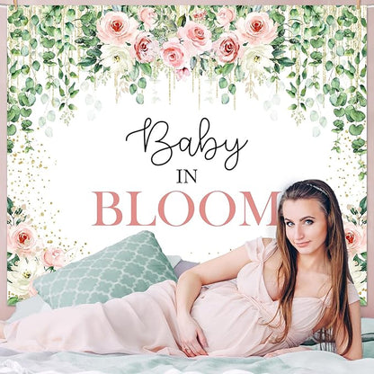 Avezano Baby in Bloom Backdrop Sage Green Leaves with Pink Flowers Baby Shower Party Decorations Baby Girl's Greenery Floral Nature Theme Photography Background Cake Table Banner (6x5ft(72x60in))