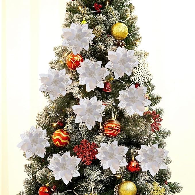 Zhuqing 15Pcs Christmas Poinsettia Artificial Flowers Decorations, Glitter Poinsettia Christmas Tree Ornaments, Black Tree Flowers for Xmas/Wedding/Holiday/Wreath/Garland Decor, with Cilps, 5.5 Inch