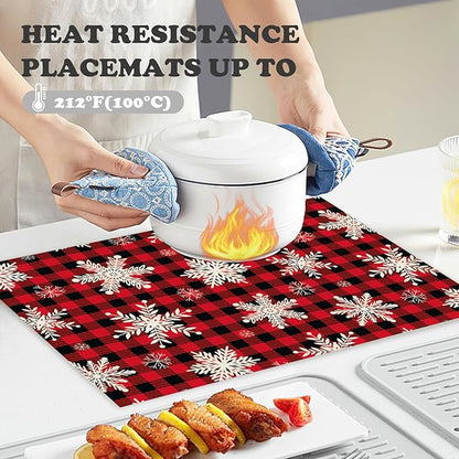 Christmas Snowflakes Placemats Set of 4 Buffalo Plaid Place Mats Washable Table Dinner Mats Linen Table Mats for Kitchen Dining Party Home Kitchen Decor 12x18 Inch