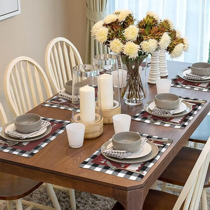 Chef Kitchen Linen Placemats Set of 6 Black White Buffalo Plaid Cooking Theme Placemats for Indoor Outdoor Party Home Desktop Dining Room Decor 12x18 Inch