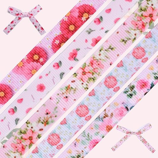 Floral Grosgrain Ribbon, 5 Rolls Flower Pattern Ribbon Spring Summer Fabric Decorative Craft Ribbon Roll for Gift Wrapping Decor Hair Bow Sewing Wreath Crafts (Pink Floral, 3/8 inch X 20Yards)