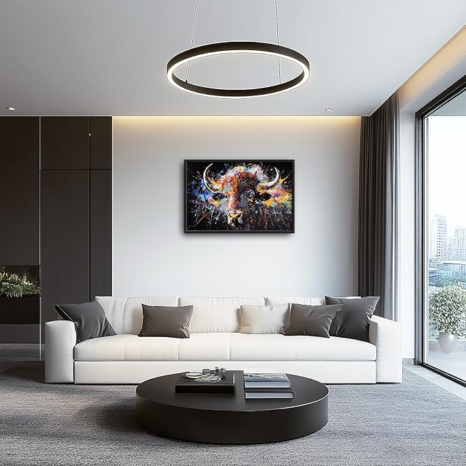 Large Graffiti Highland Cow Wall Art for Living Room, Framed Oversized Bison Buffalo Wall Decor Banksy Canvas Painting Animal Pictures Modern Artwork for Living Room Bedroom Office 36"x24"