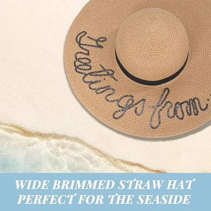 Beach Sun Hats for Women Wide Brim Straw Foldable Beach Hat UV Protection