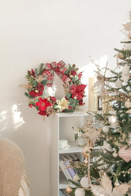 Christmas Flowers Artificial,Red Poinsettias Artificial Christmas Flowers and Greenery Deluxe Combo Set for DIY Tree Ornaments Xmas Wreath Floral Arrangements Centerpieces