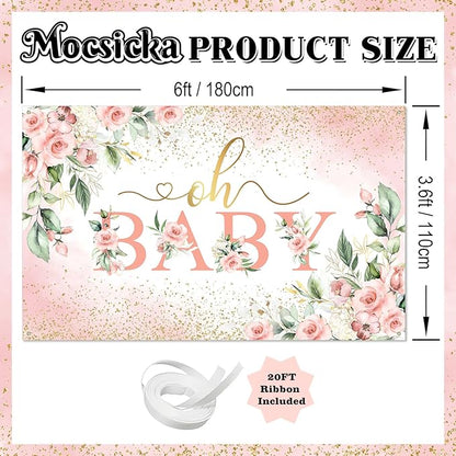 Mocsicka Oh Baby Backdrop Banner Girl Baby Shower Background Pink Floral Oh Baby Baby Shower Party Decorations Photo Booth Props (Pink, 6x3.6ft)