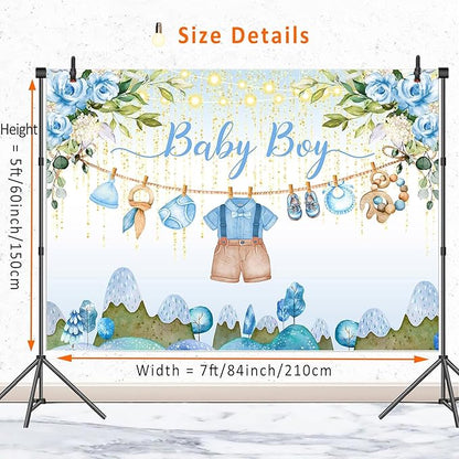 Blue Floral Baby Shower Backdrop Banner Decorations for Boy,Watercolor Flower Oh Baby Boy Outfit Backdrops Banner Photography Background for Baby Shower Party Supplies Photo Booth Props 7x5ft