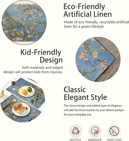 Blossoming Almond Tree Placemats Set of 6,White Flower Place Mats Heat Resistant Washable Non-Slip Table Mats for Party Kitchen Dining Decor 12x18 Inch