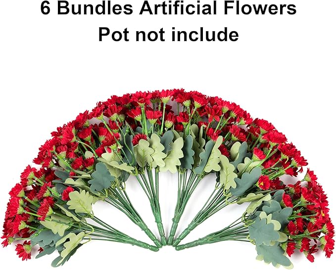 Daisy Artificial Flowers for Outdoors Fall Autumn Decoration, 6 Bundles Fake Mums Red Silk Flowers for Outside Look Real UV Resistant Fake Plants Faux Flowers for Planter Front Door Home Indoor Porch