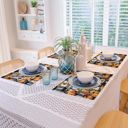 Halloween Pumpkin Placemats Set of 6, Washable Linen Place Mats, Black Buffalo Plaid Table Mats for Kitchen Dining Table Decor Heat Resistant Tablemats 12x18
