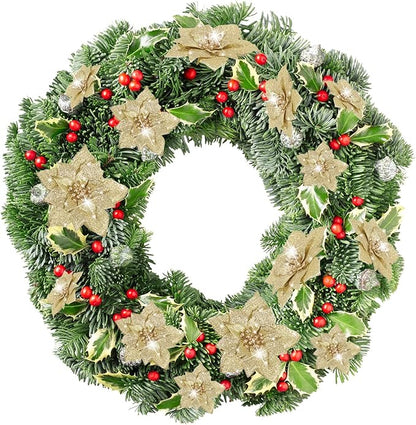 Boao 24 Pieces Glitter Poinsettia Artificial Christmas Flowers Poinsettia Decorations Wedding Christmas Tree Ornaments, 3/4/6 Inches (Gold)