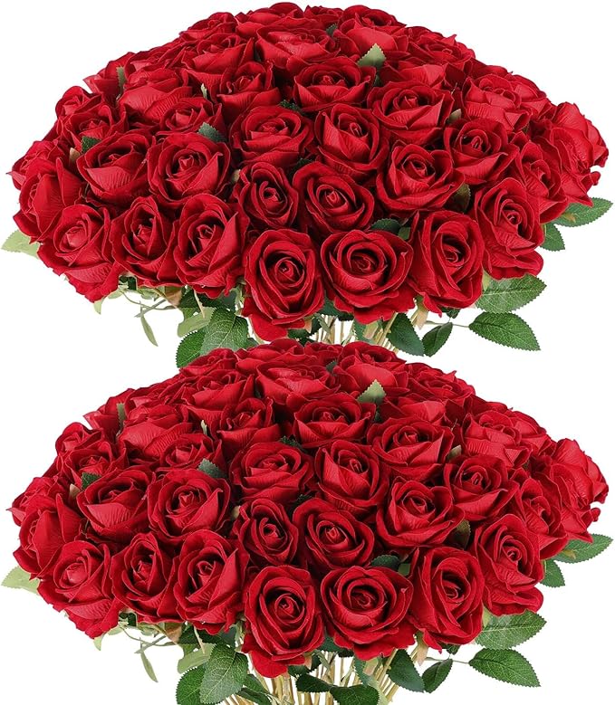 Hananona 50 Artificial Roses in Bulk, Fake Velvet Silk Burgundy Roses Realistic Red Roses for Wedding Centerpieces Flower Arrangement Home Decor (50, Burgundy)