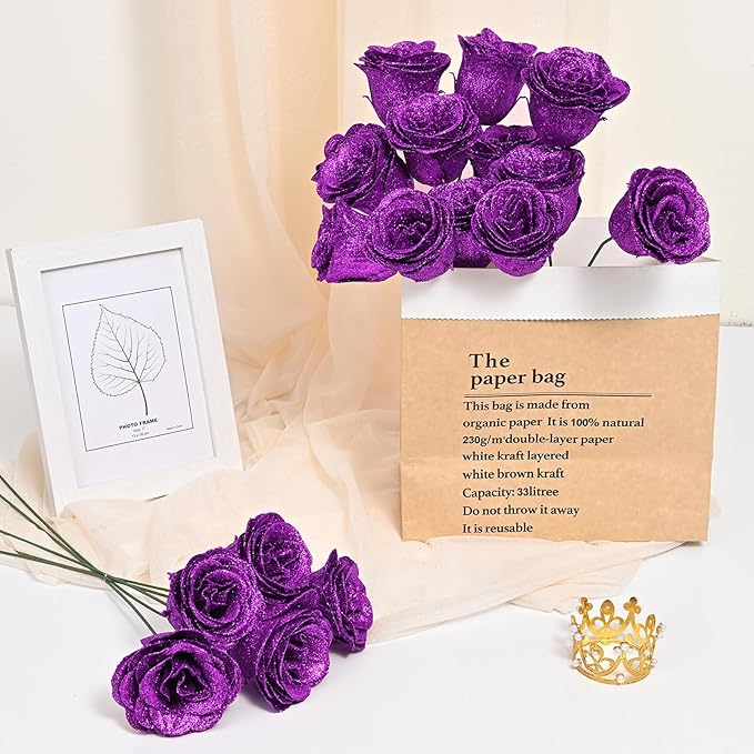 Waipfaru 24 Pcs Glitter Roses Bouquet, DIY Fake Flowers Bouquet, Artificial Purple Rose Bouquet for Valentines, Mothers Day Gifts, Anniversary, Engagement, Wedding