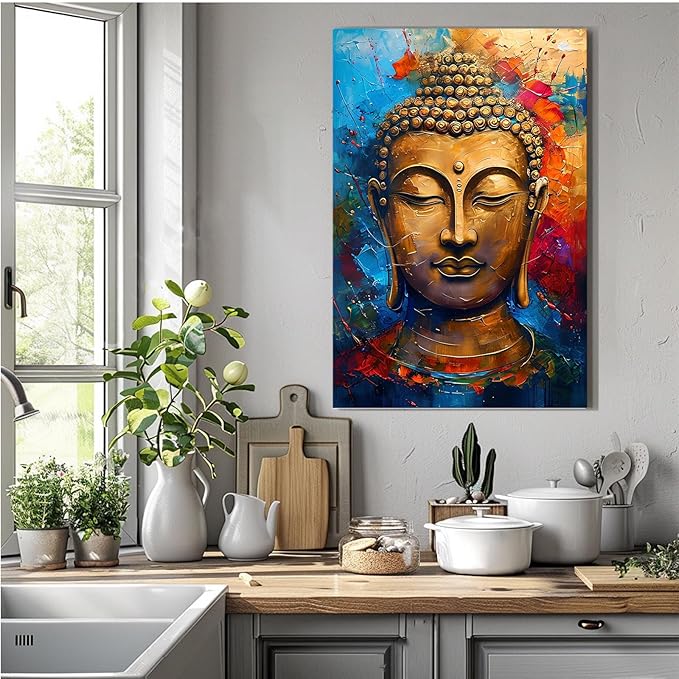 Golden Serenity Buddha Vintage Painting Wall Art Spirituality and Modern Art Wall Decor Adds Brilliance to Vibrant Home Decor 8x12in Wood Framed