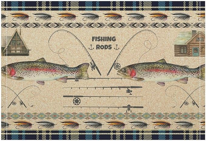 Rustic Cabin Bear Placemats Fishing Rods Lure Southwestern Check Plaid Blue Art Printed Dining Table Mats Set of 4 for Home Kitchen Holiday Picnic Party Decor 12x18in
