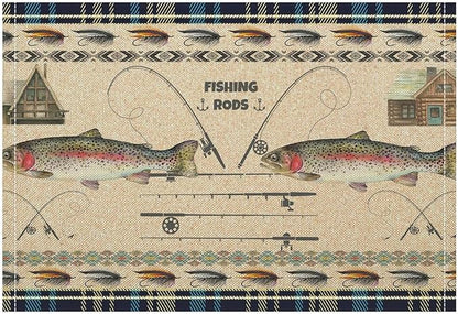 Rustic Cabin Bear Placemats Fishing Rods Lure Southwestern Check Plaid Blue Art Printed Dining Table Mats Set of 4 for Home Kitchen Holiday Picnic Party Decor 12x18in