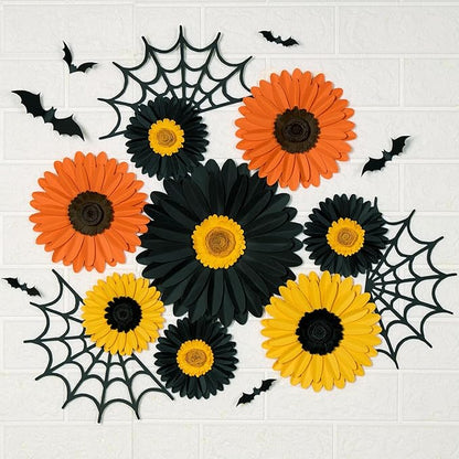 Paper Flowers Decorations for Wall, Black and Orange Party Decorations 3D Large Artificial Flower Hanging Paper Fans Fall Bulletin Board Decoration for Classroom Autumn Thanksgiving Window Fall Decal