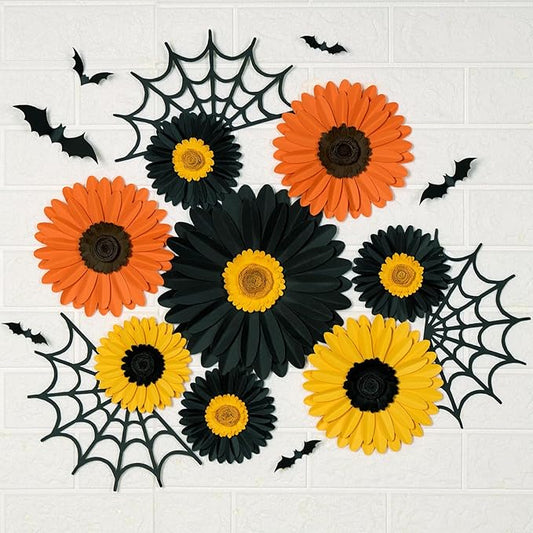 Paper Flowers Decorations for Wall, Black and Orange Party Decorations 3D Large Artificial Flower Hanging Paper Fans Fall Bulletin Board Decoration for Classroom Autumn Thanksgiving Window Fall Decal
